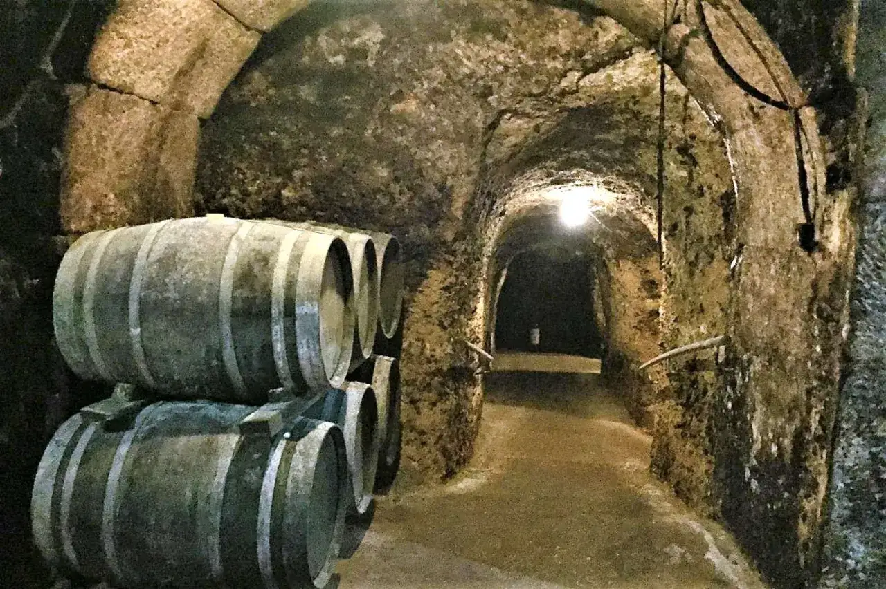 Barricas de roble apiladas en una bodega subterránea, esperando a convertirse en exquisitos vinos de Laguardia.