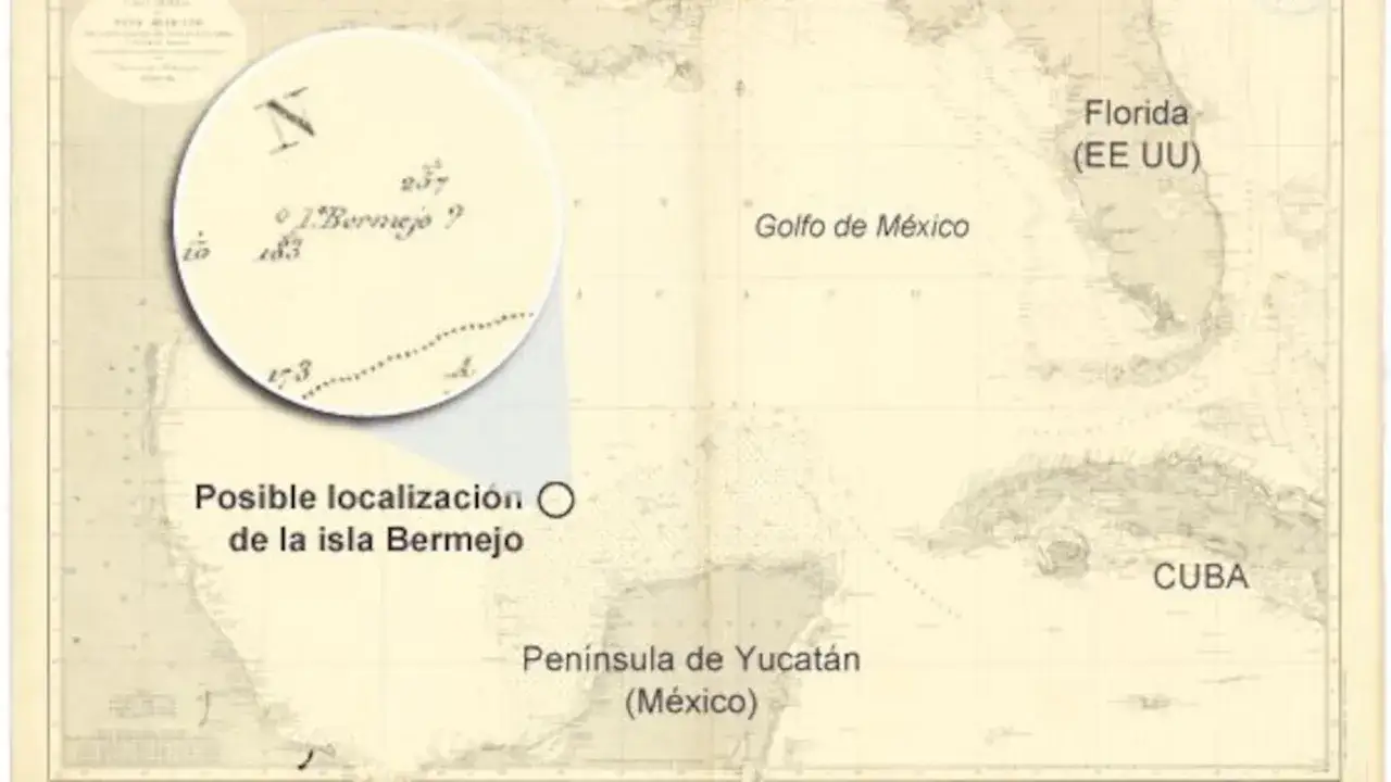 Mapa antiguo del Golfo de México, con un círculo que señala la posible localización de la isla Bermejo.