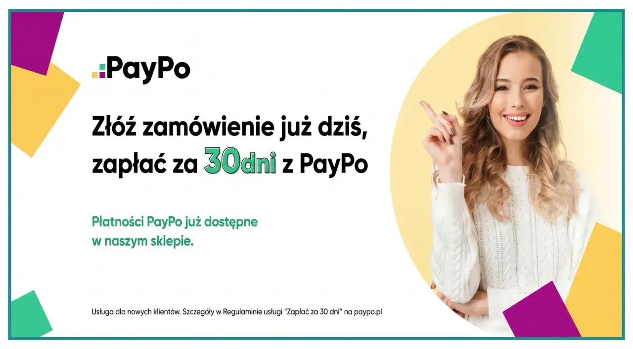 Uśmiechnięta kobieta zachęca do zakupów z PayPo. Zamów dziś i zapłać za 30 dni z PayPo. Płatności PayPo dostępne w sklepie.