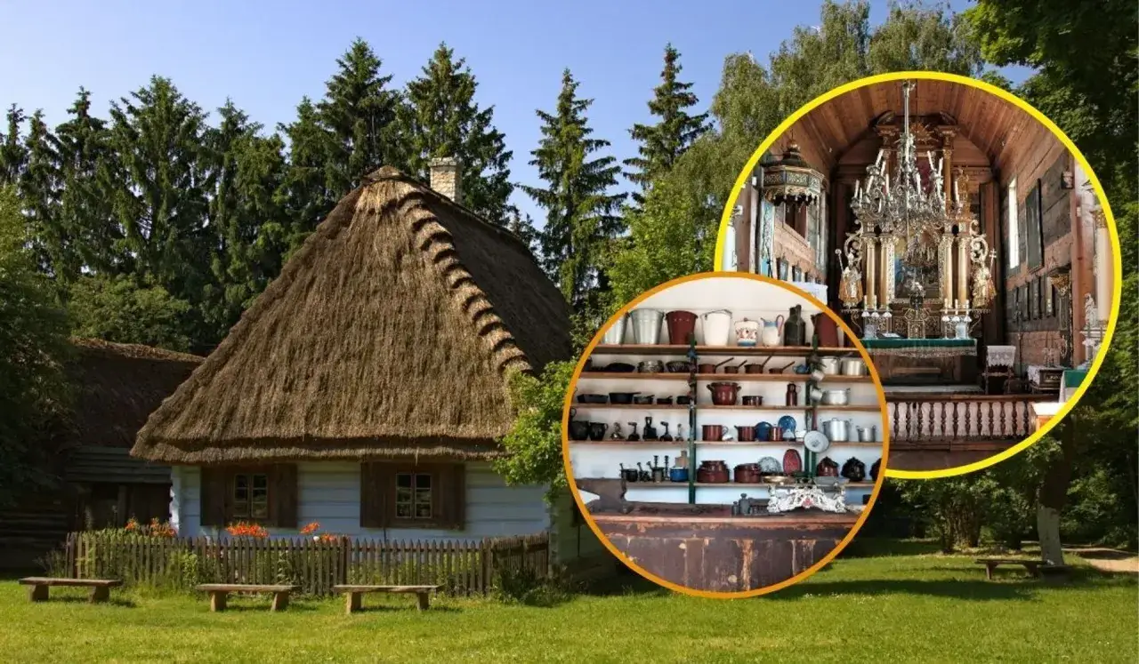 Skanseny w Polsce: tradycyjna chata z strzechą, wnętrze kościoła i kuchnia pełna naczyń.