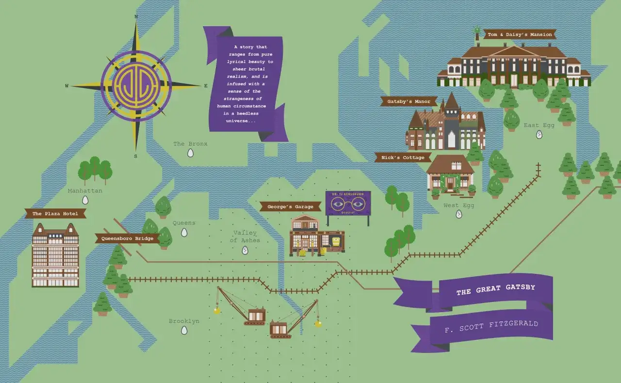 Mapa miejsc z Wielkiego Gatsby, od Manhattanu po posiadłości Gatsby'ego i Toma. Streszczenie powieści w tekście.