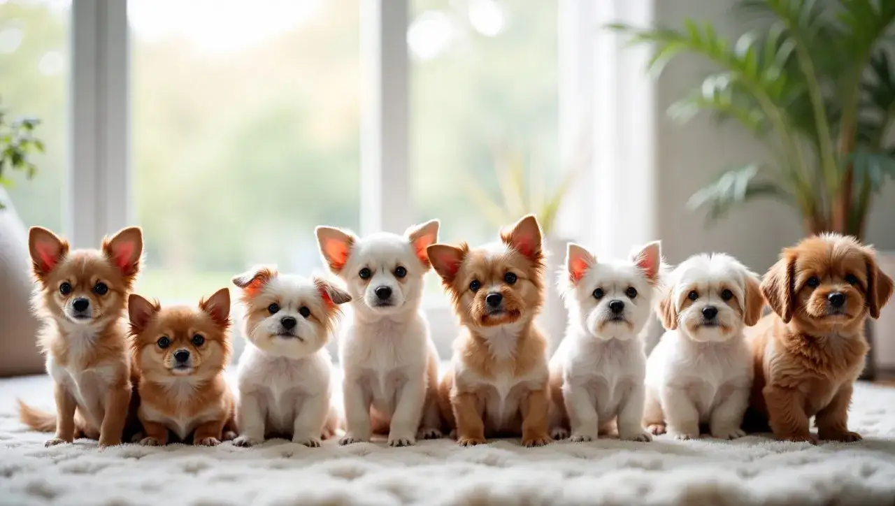 Siedem uroczych psów miniaturki rasy, w tym chihuahua i inne małe pieski, siedzi na miękkim dywanie.
