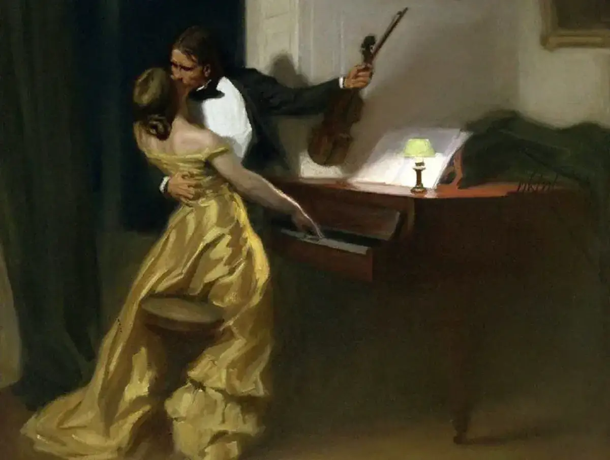 Una coppia si bacia appassionatamente accanto a un pianoforte, con lui che tiene un violino. L'atmosfera evoca la passione della sonata a Kreutzer.