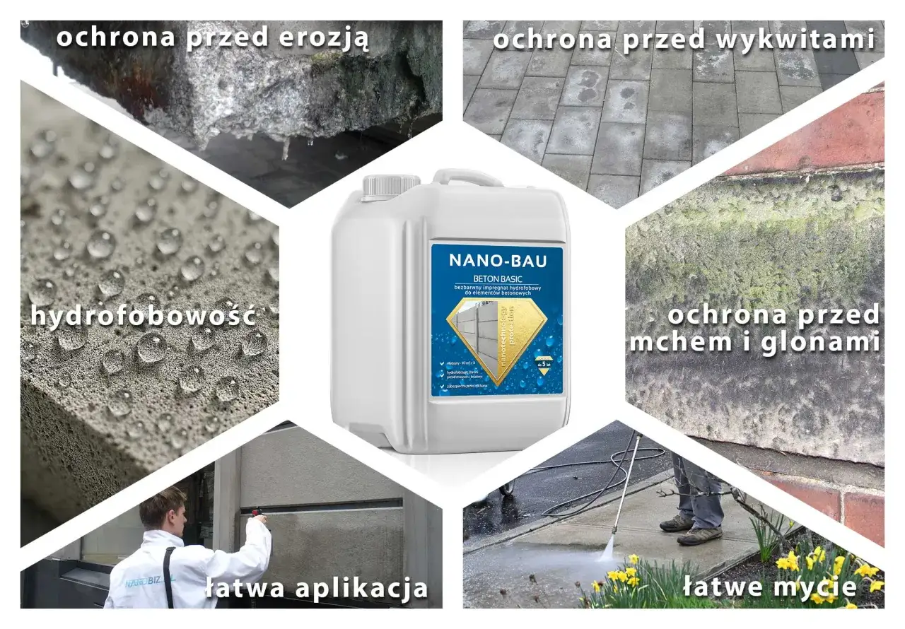 Impregnat NANO-BAU zapewnia hydrofobowość betonu, chroniąc go przed erozją, wykwitami, mchem i glonami. Łatwa aplikacja i mycie.