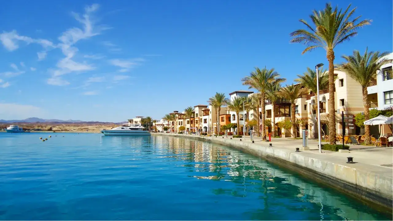Malowniczy widok na marinę w Marsa Alam. Luksusowe jachty, palmy i kolorowe budynki tworzą idealne miejsce na wakacje. Marsa Alam atrakcje zachwycają!