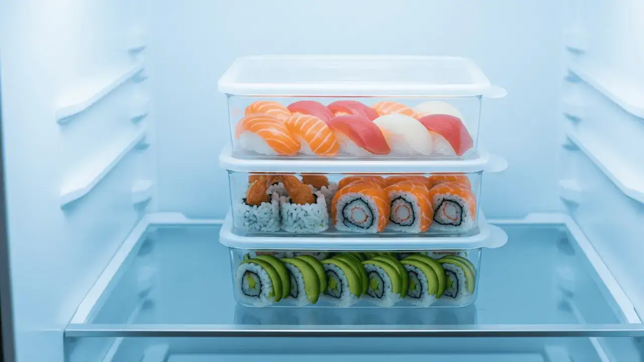Trzy pojemniki z sushi ułożone w lodówce. Czy sushi można jeść na drugi dzień? Tak, jeśli jest odpowiednio przechowywane.