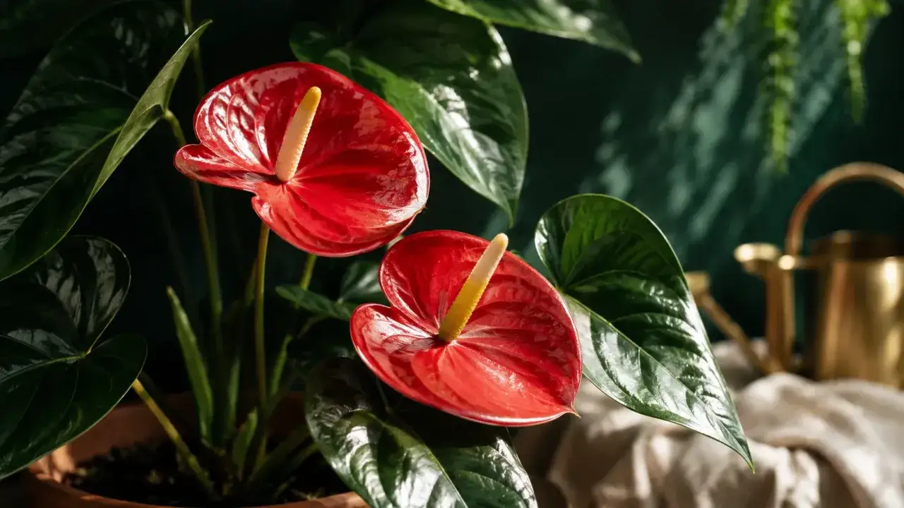 Deux anthuriums rouges éclatants, parfaits pour un anthurium entretien réussi. Leurs feuilles vertes luisantes et leur spadice jaune créent un contraste saisissant.
