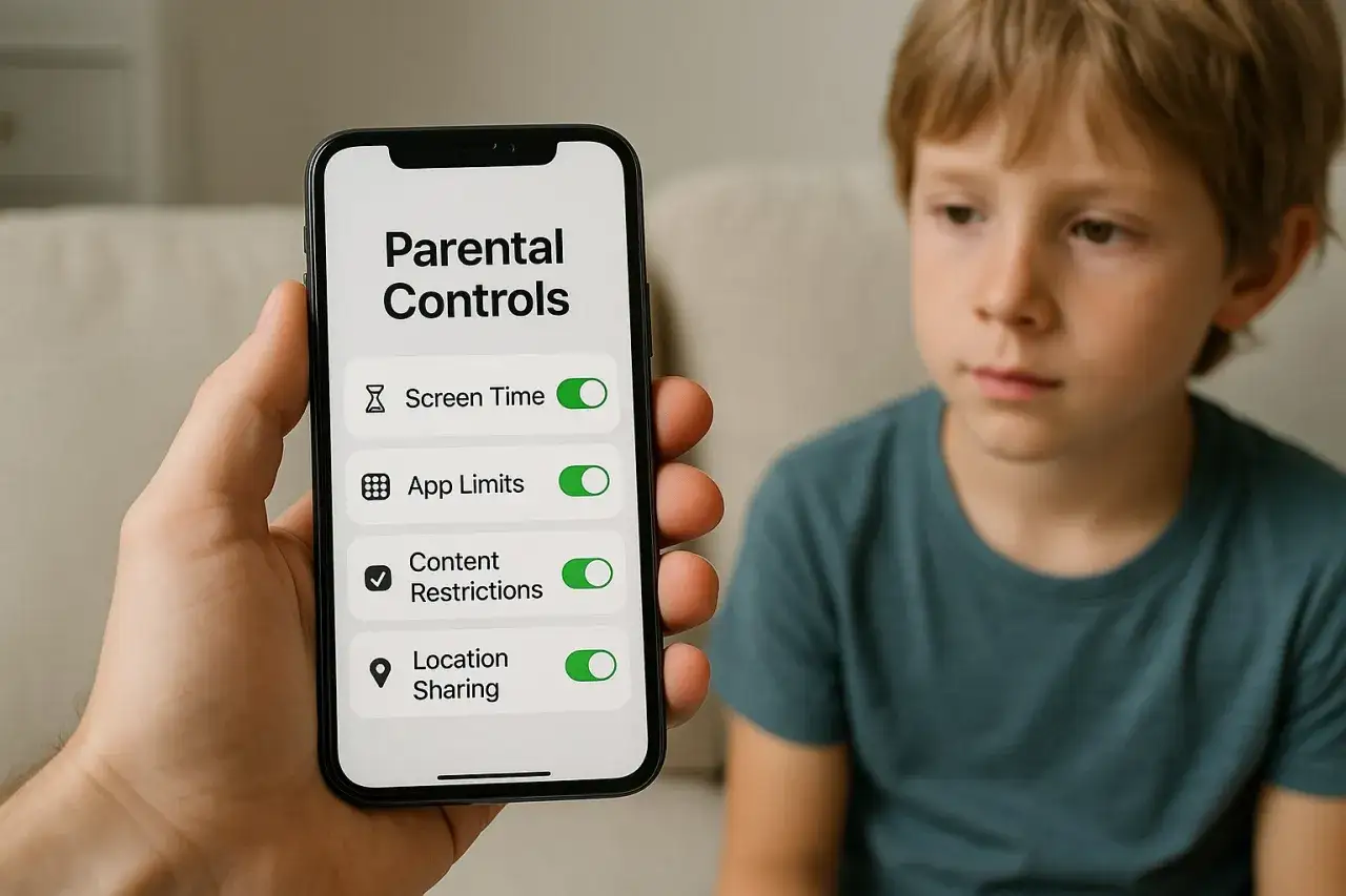 Rodzic pokazuje telefon z opcjami
