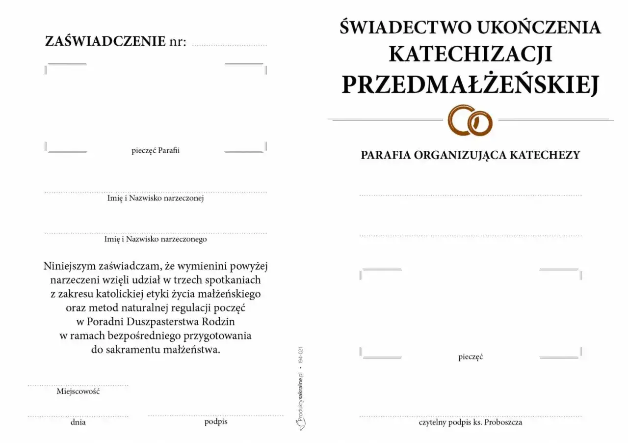 Zaświadczenie o ukończeniu katechizacji przedmałżeńskiej, potwierdzające udział w naukach, ile ważne są nauki przedmałżeńskie dla przyszłych małżonków.