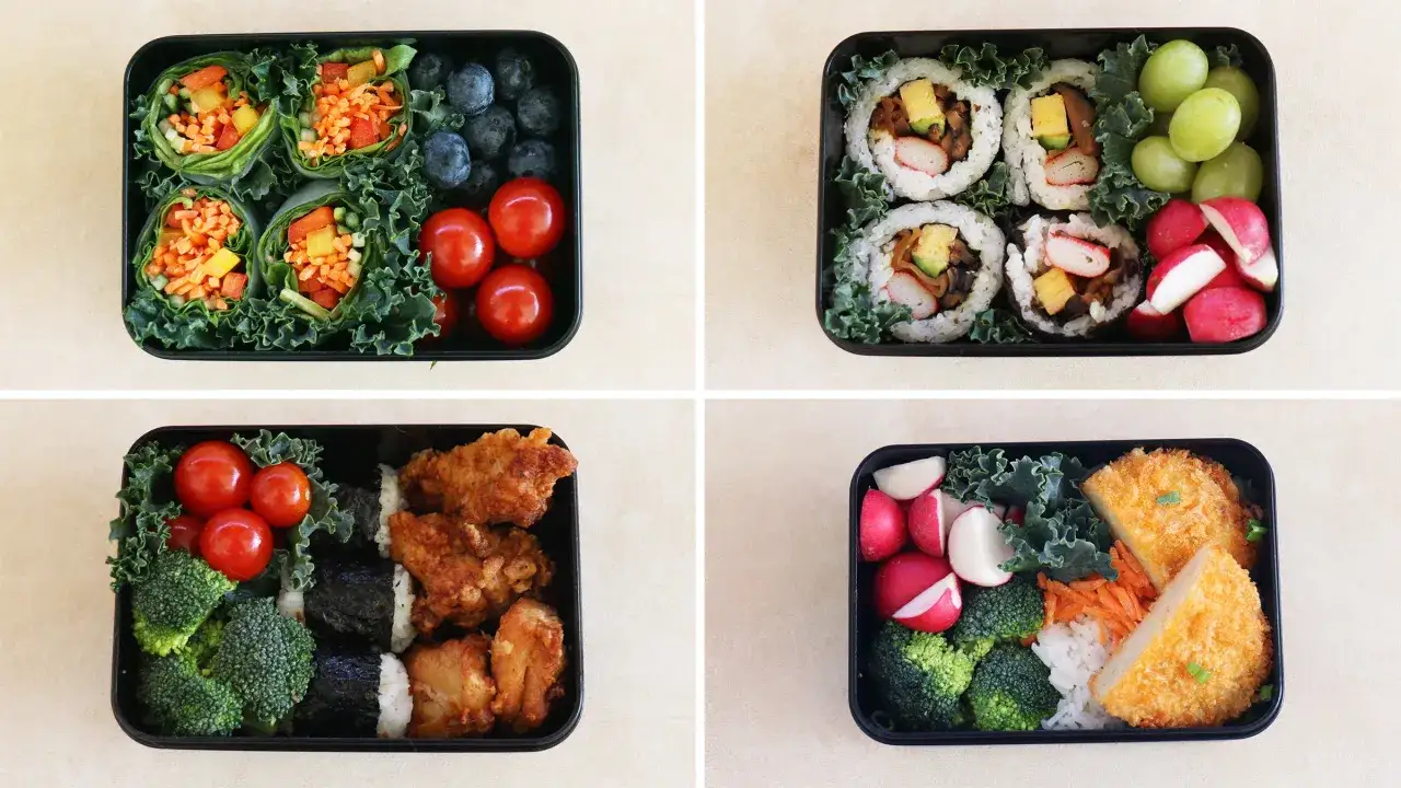 Four bento boxes with various foods: veggie wraps, sushi, onigiri with fried chicken, and rice with fried tofu. A delicious train bento!