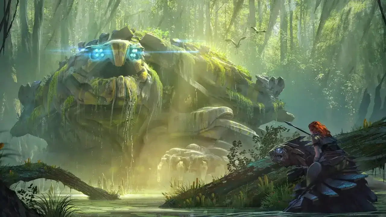 Dzika przyroda w Horizon 3 kiedy? Dziewczyna na mechanicznym stworzeniu przemierza bagna, zbliżając się do gigantycznego, porośniętego mchem robota.