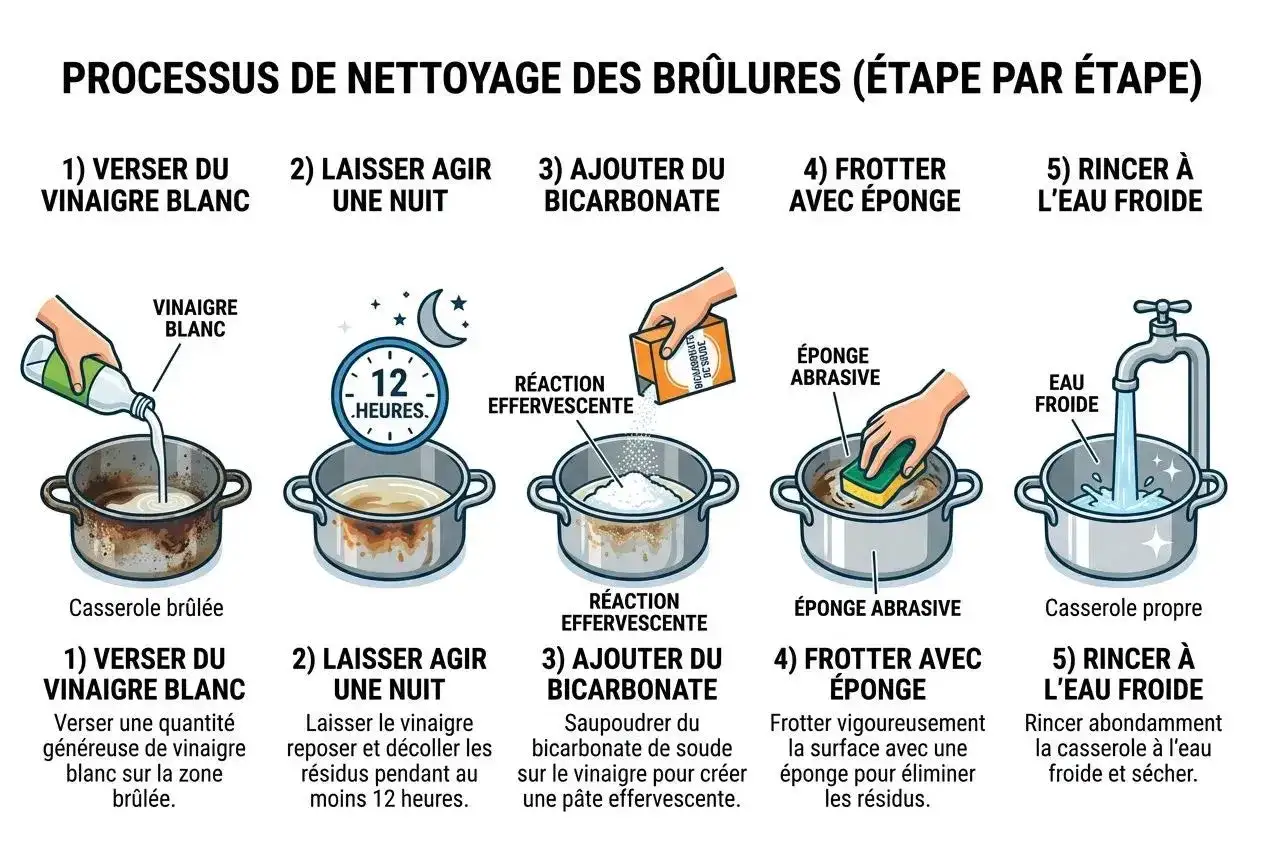 Nettoyer poêle tefal vinaigre blanc : étapes pour enlever les brûlures. Vinaigre blanc, bicarbonate, éponge abrasive, puis rinçage à l'eau froide.