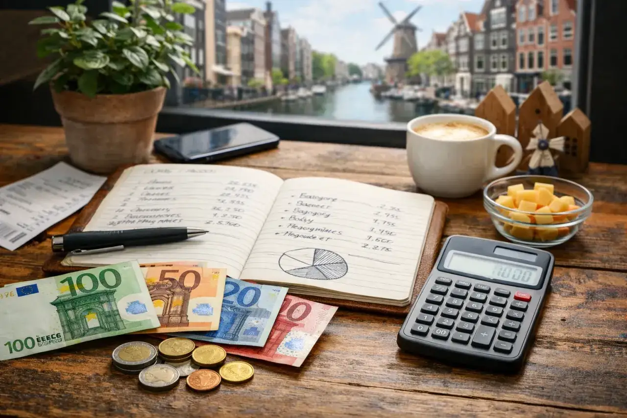 Notatki o wydatkach, euro i kalkulator na tle Amsterdamu. Analiza cen w Holandii.