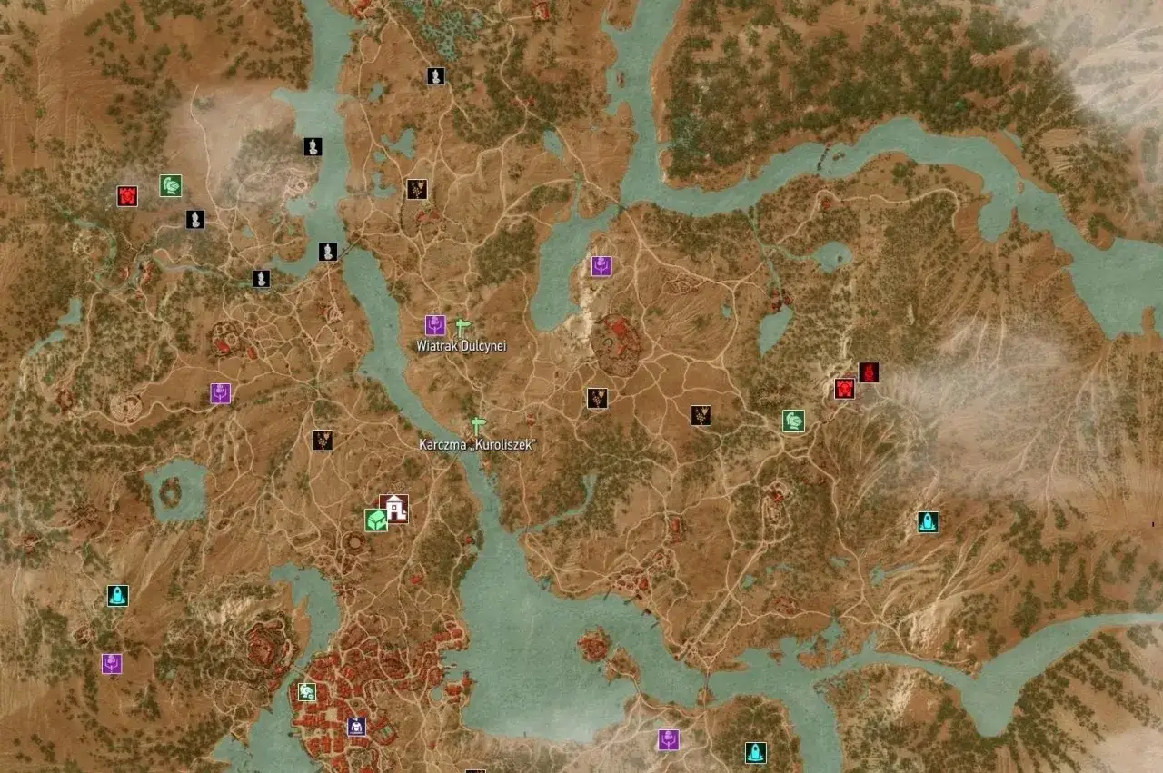 Mapa Wiedźmina 3 z zaznaczonymi punktami. Zastanawiasz się, ile trwa przejście Wiedźmina 3? Ta mapa pokazuje obszar Velen i Novigradu, pełen zadań i sekret&oacute;w do odkrycia.