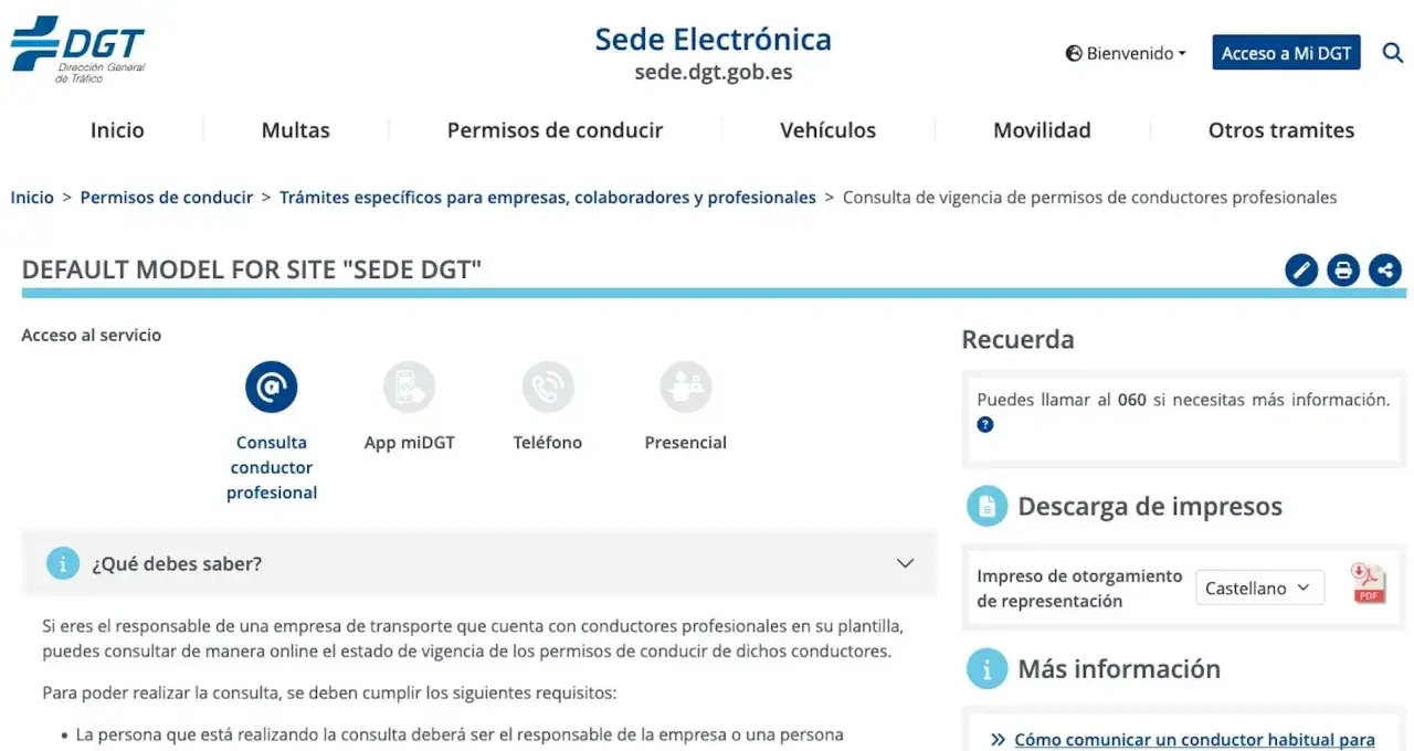 Consulta de vigencia de permisos de conducir profesionales, como el carnet de conducir BTP, en la Sede Electrónica de la DGT.