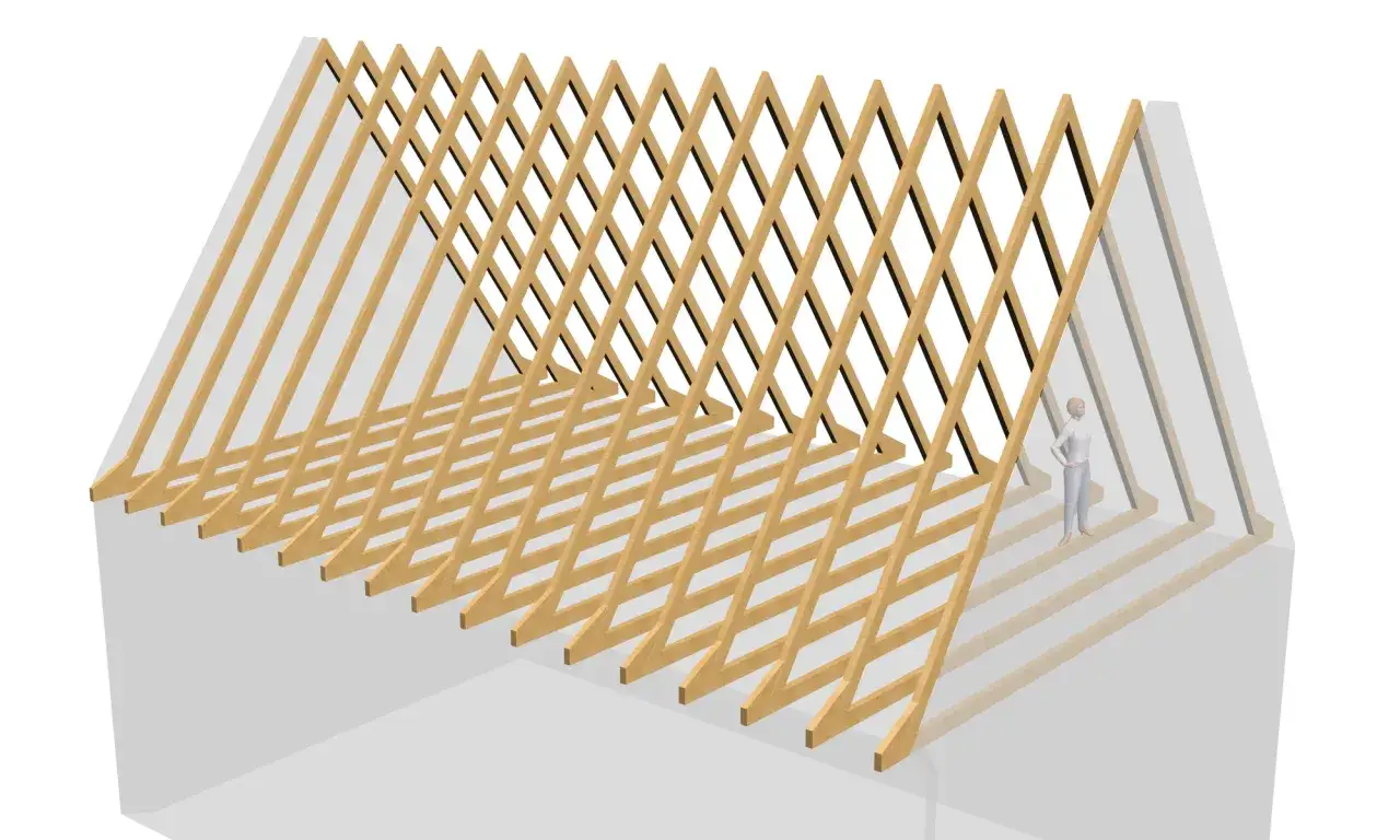 Detailansicht einer Sparrendach Konstruktion aus Holz. Eine kleine Figur steht unter dem Dach, um die Dimensionen zu verdeutlichen.
