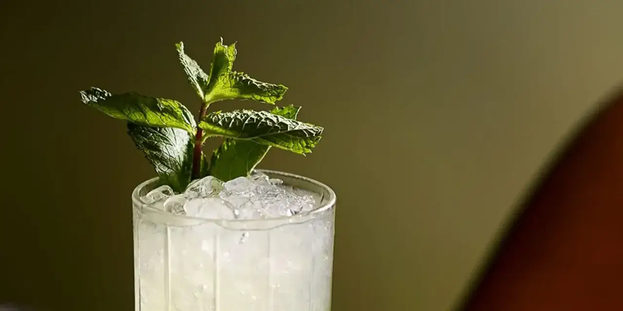 Un cocktail Chartreuse rafraîchissant, rempli de glace pilée et garni d'une branche de menthe verte.
