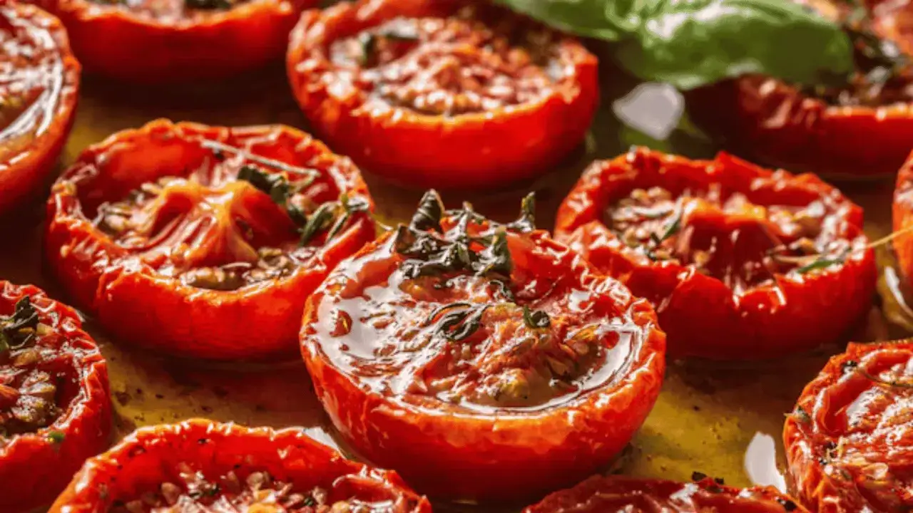 Tomates cerises au four, confites et savoureuses, baignant dans leur jus avec des herbes aromatiques. Un délice prêt à être dégusté.