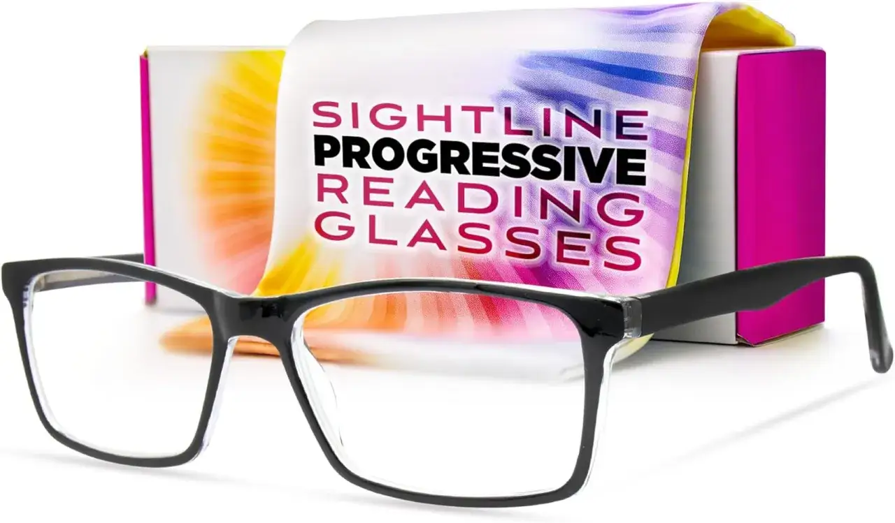 Eleganckie okulary progresywne, które pokazują, jak wyglądają okulary dwuogniskowe, z kolorowym opakowaniem.