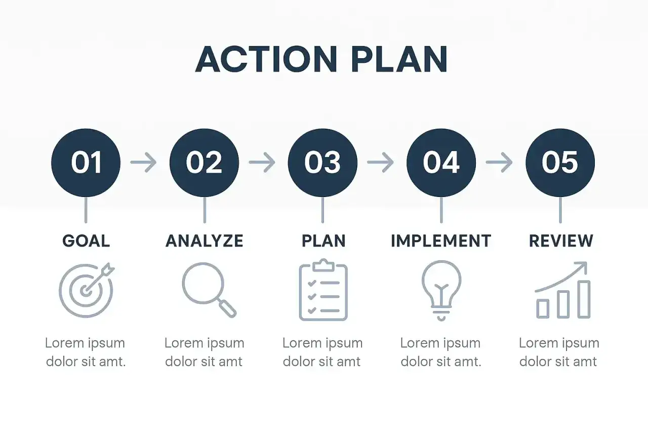 Sch&eacute;ma visuel d&eacute;crivant mon plan d'action : objectif, analyse, planification, mise en &oelig;uvre et r&eacute;vision.