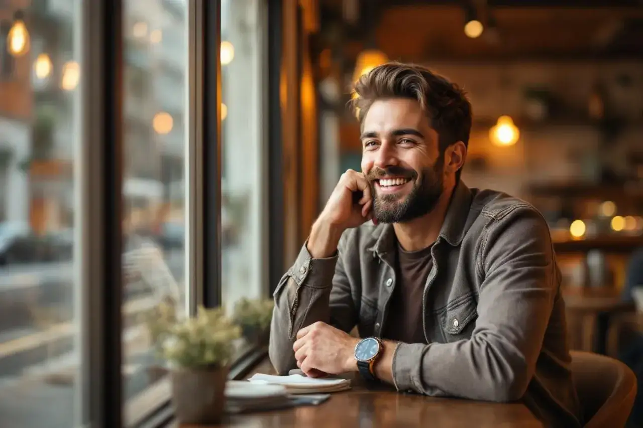 Un homme souriant, assis à une table près d'une fenêtre, semble réfléchir à comment chauffer un mec. Son regard est tourné vers l'extérieur, une lueur d'amusement dans les yeux.