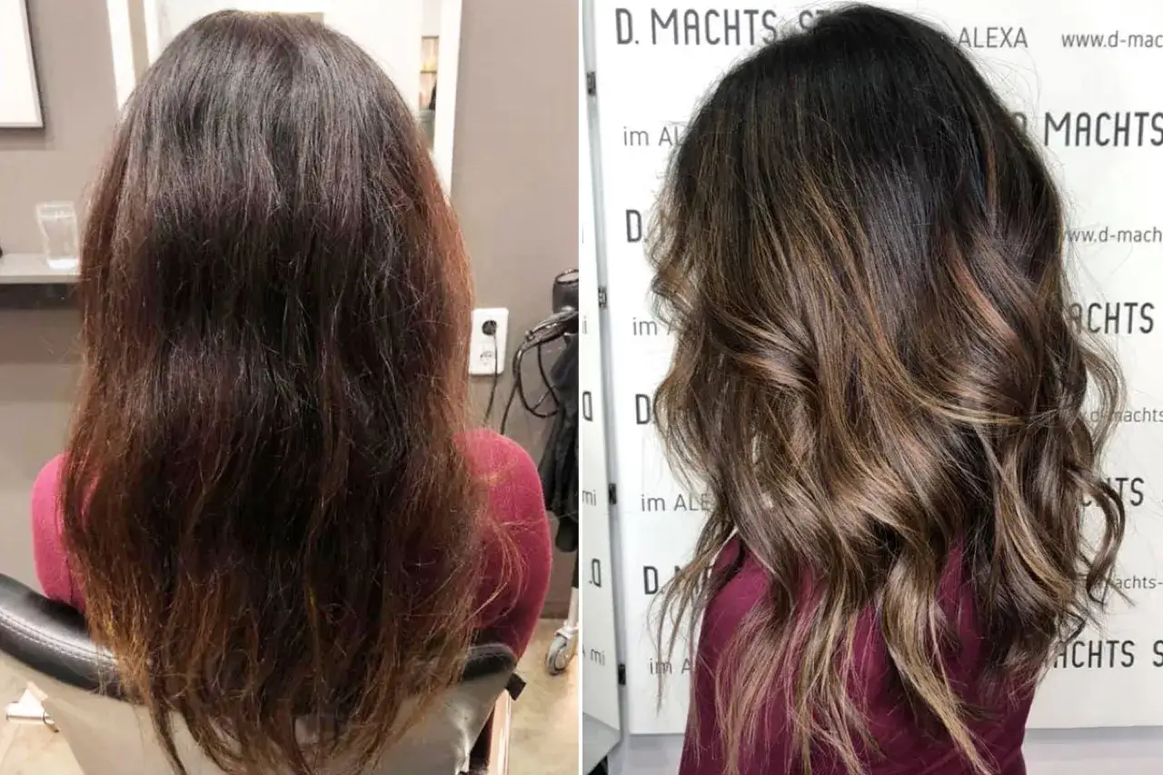 Vorher/Nachher: Dunkle Haare aufhellen zu einem warmen Braun mit Highlights. Die Textur ist nun volumin&ouml;ser und gl&auml;nzender.