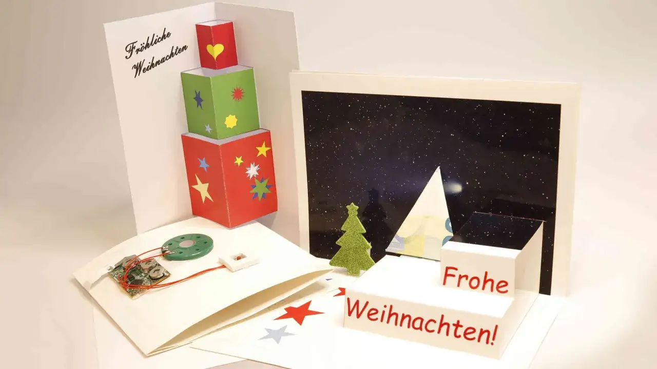 Bastelideen für 3D Weihnachtskarten: Sterne, Weihnachtsbäume und eine Sternennacht. Vorlagen zum Nachbasteln.