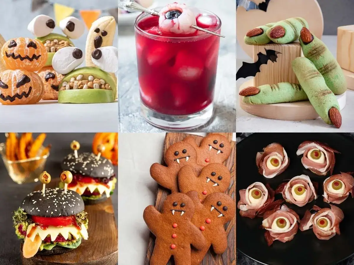 Ideas de faciles comida Halloween niños: galletas de jengibre, bocadillos de mandarina y manzana, hamburguesas negras, y