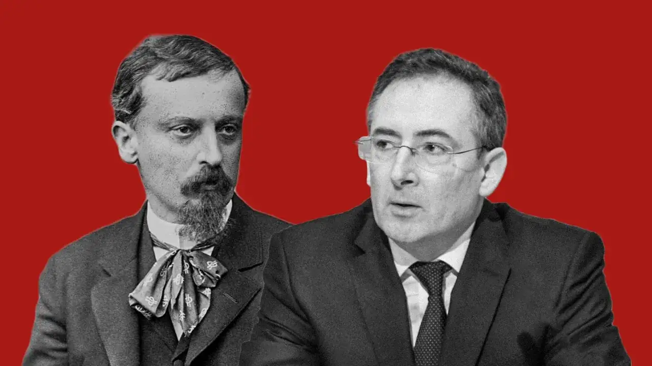 Dwaj mężczyźni na czerwonym tle: historyczny portret i współczesny poseł Bartłomiej Sienkiewicz.