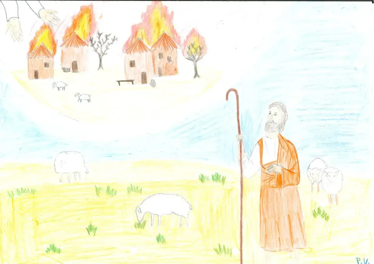 Prophet Amos im Religionsunterricht: Ein Hirte mit Stab blickt auf brennende Häuser und Schafe.