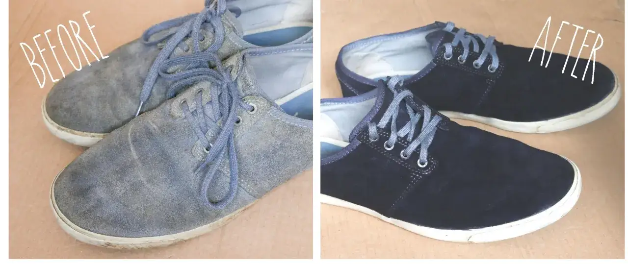 Szare buty materiałowe przed i po metamorfozie. Dowiedz się, jak zafarbować buty materiałowe na nowy, głęboki kolor.
