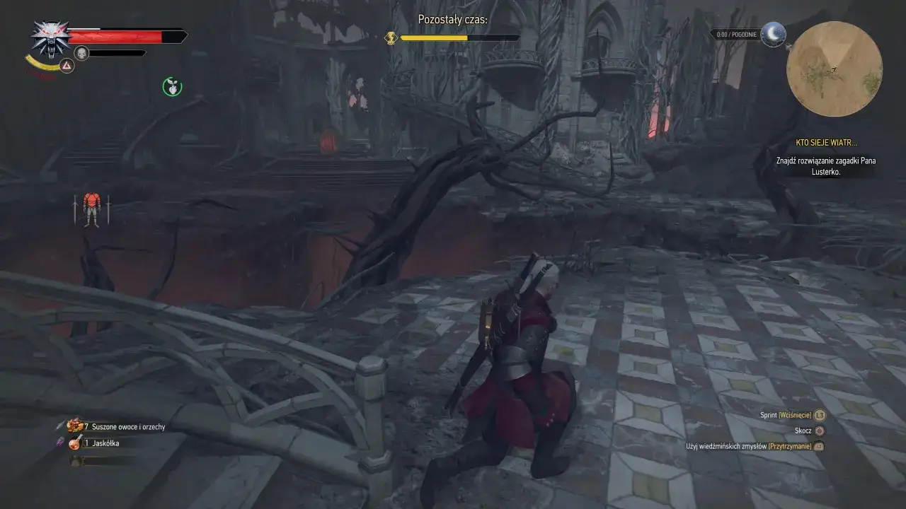 Geralt klęczy na posadzce, szukając rozwiązania zagadki o dima. W tle ruiny i czerwona poświata.