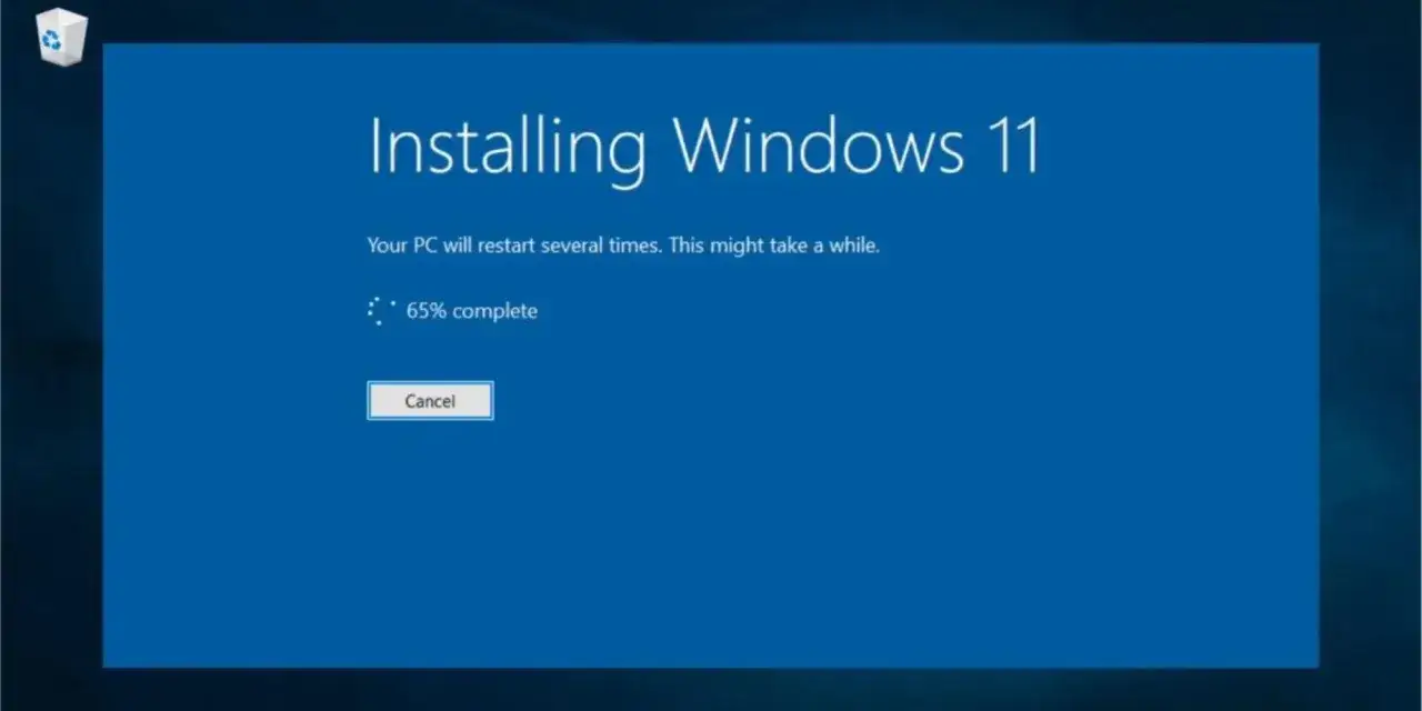Windows 11 wird installiert, 65% abgeschlossen. Der PC wird neu aufgesetzt und startet mehrmals neu.