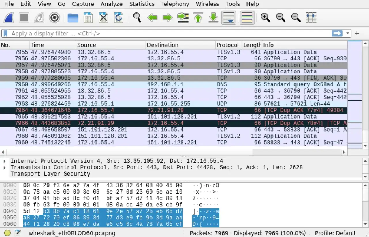 Captura de tráfico de red con Wireshark, mostrando paquetes TCP y TLS. Un sniffer como este analiza datos.