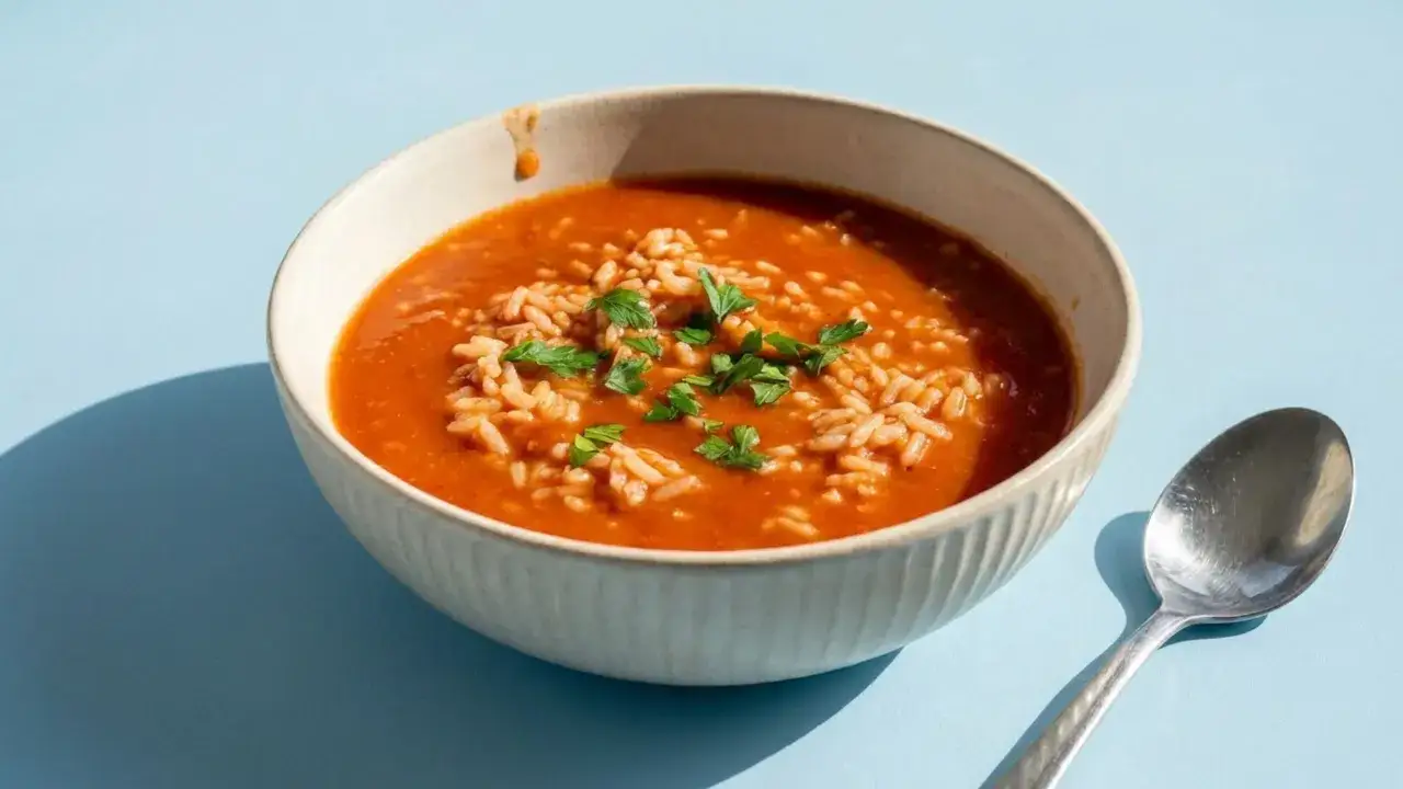 Eine Sch&uuml;ssel mit herzhafter Tomatensuppe mit Reis und frischer Petersilie, daneben ein L&ouml;ffel.