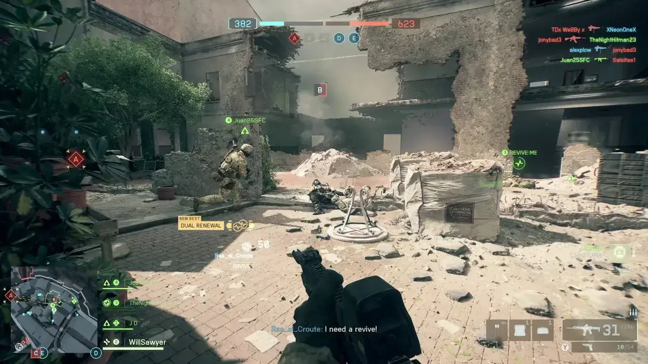 Gracz w grze Battlefield 6 biegnie przez zniszczone miasto, szukając przeciwników i wzywając pomoc.