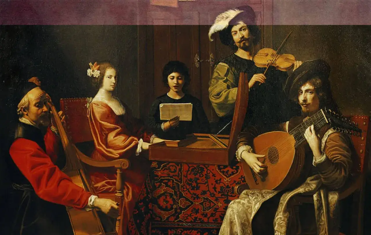 Un grupo de músicos interpreta música, evocando la atmósfera de los compositores del barroco.
