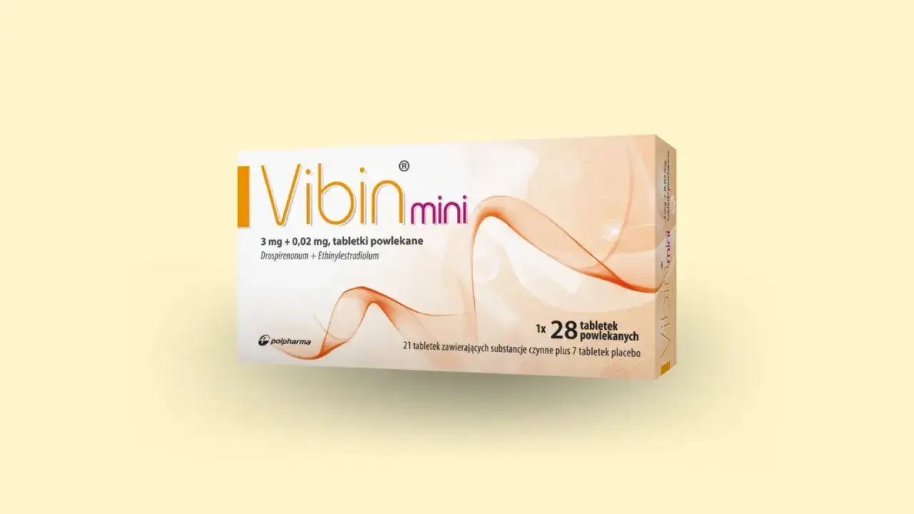 Opakowanie leku Vibin mini, zawierające 28 tabletek powlekanych.