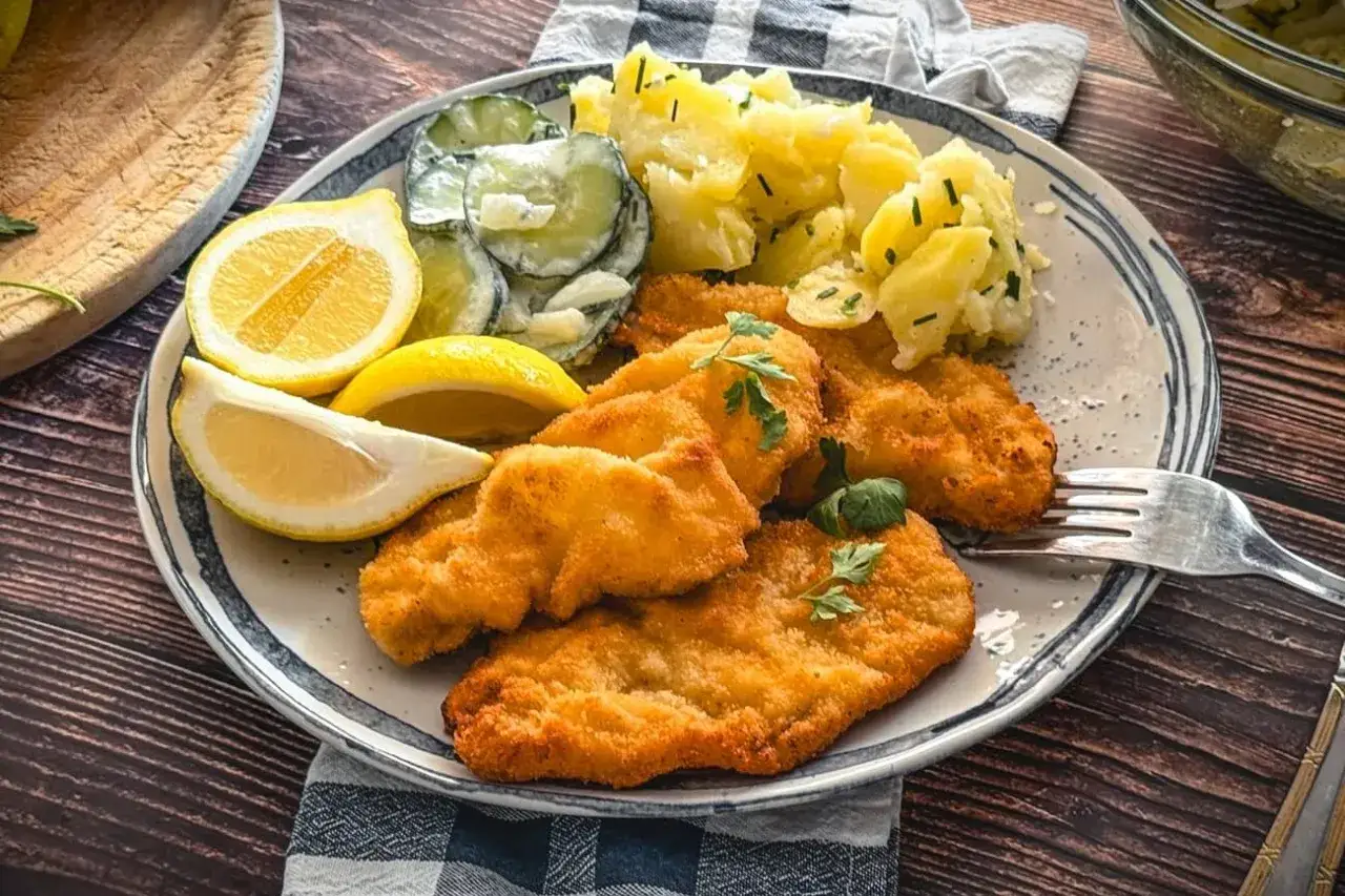 Goldbraunes paniertes Schnitzel braten wie lange? Dazu Kartoffelsalat, Gurkensalat und Zitronenspalten. Perfekt für ein deftiges Essen!