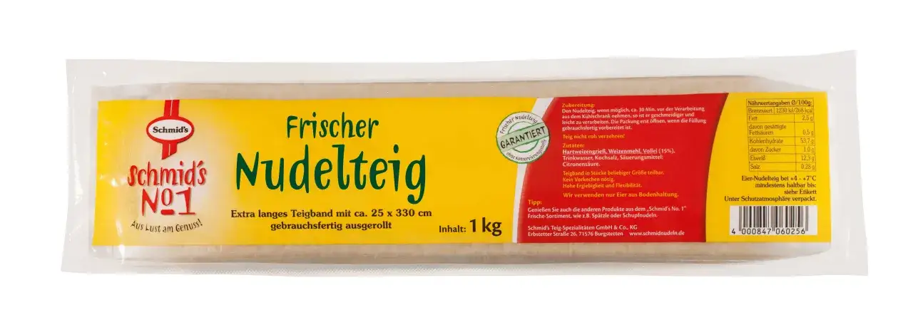 Frischer Nudelteig von Schmid's, gebrauchsfertig ausgerollt. Für beste Ergebnisse den nudelteig ruhen lassen.