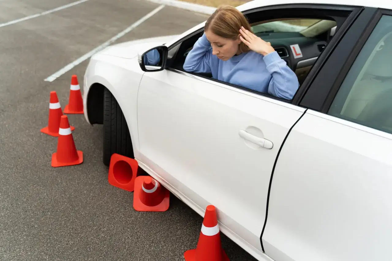 Mujer estresada en un coche blanco rodeado de conos naranjas, practicando maniobras. Se puede hacer pr&aacute;cticas de coche sin tener el te&oacute;rico.