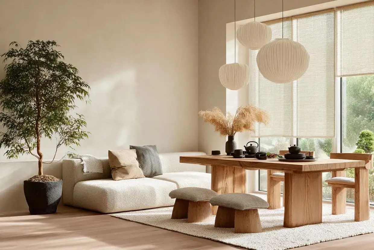 Un sal&oacute;n con sof&aacute; beige, mesa de madera, taburetes y &aacute;rbol interior. La decoraci&oacute;n Japandi crea un ambiente sereno y natural.