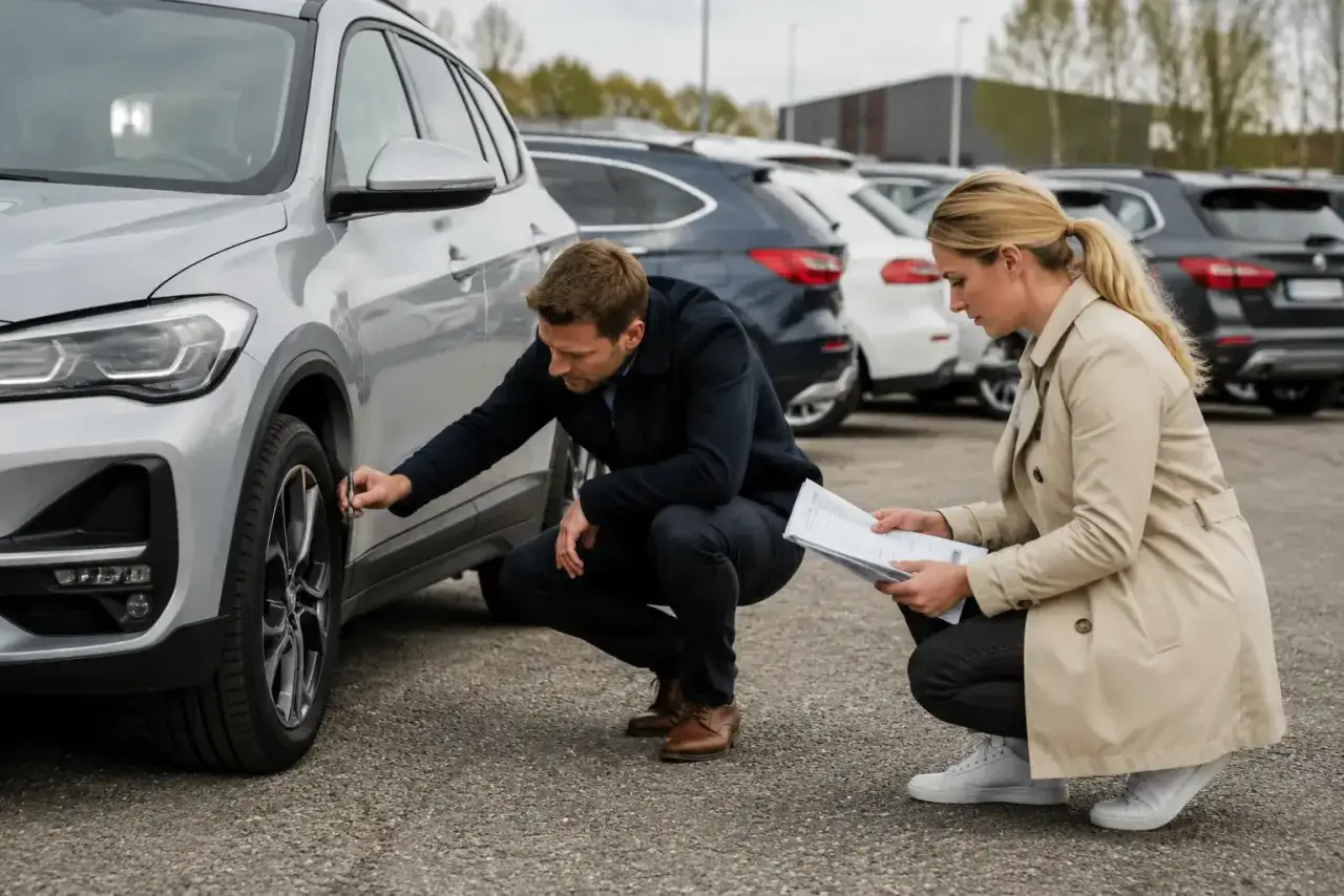 Man kollar d&auml;cket p&aring; en silverf&auml;rgad BMW X1, kvinnan l&auml;ser papper. Kanske ett BMW X1 problem?
