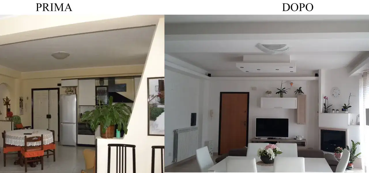 Prima e dopo di ristrutturazioni interne: un soggiorno trasformato con un nuovo design del soffitto, illuminazione moderna e arredi eleganti.