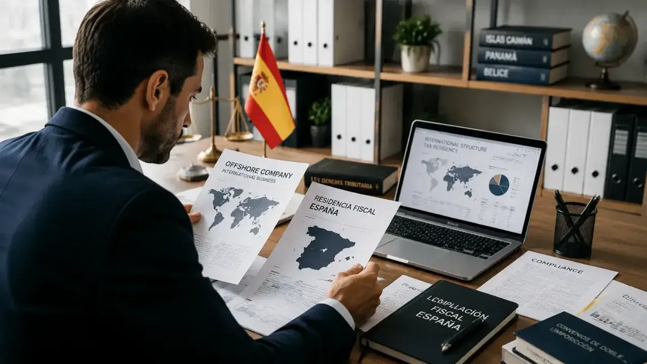 Hombre revisa documentos sobre offshore que es y residencia fiscal en España. En su escritorio, una laptop muestra un mapa mundial de residencia fiscal.