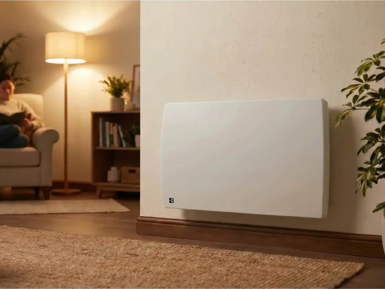Un radiateur électrique à inertie blanc, discret sur un mur, diffuse une chaleur douce dans un salon cosy où une personne lit.