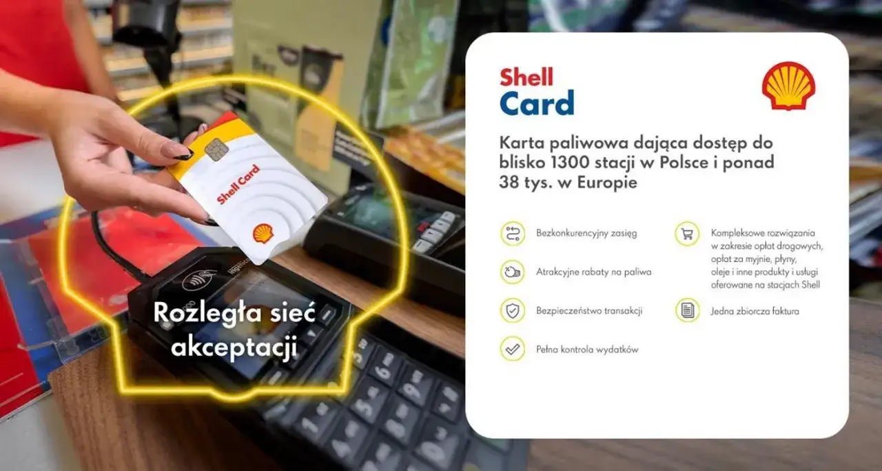 Karta paliwowa Shell Card zbliżana do terminala płatniczego. Ułatwia płatności na stacjach Shell w Polsce i Europie.