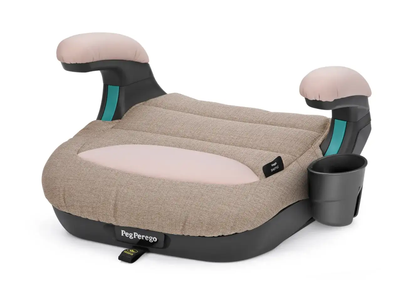 Alzatina Peg Perego per bambini, color beige e rosa, con porta bicchiere integrato per viaggi in auto sicuri e comodi.
