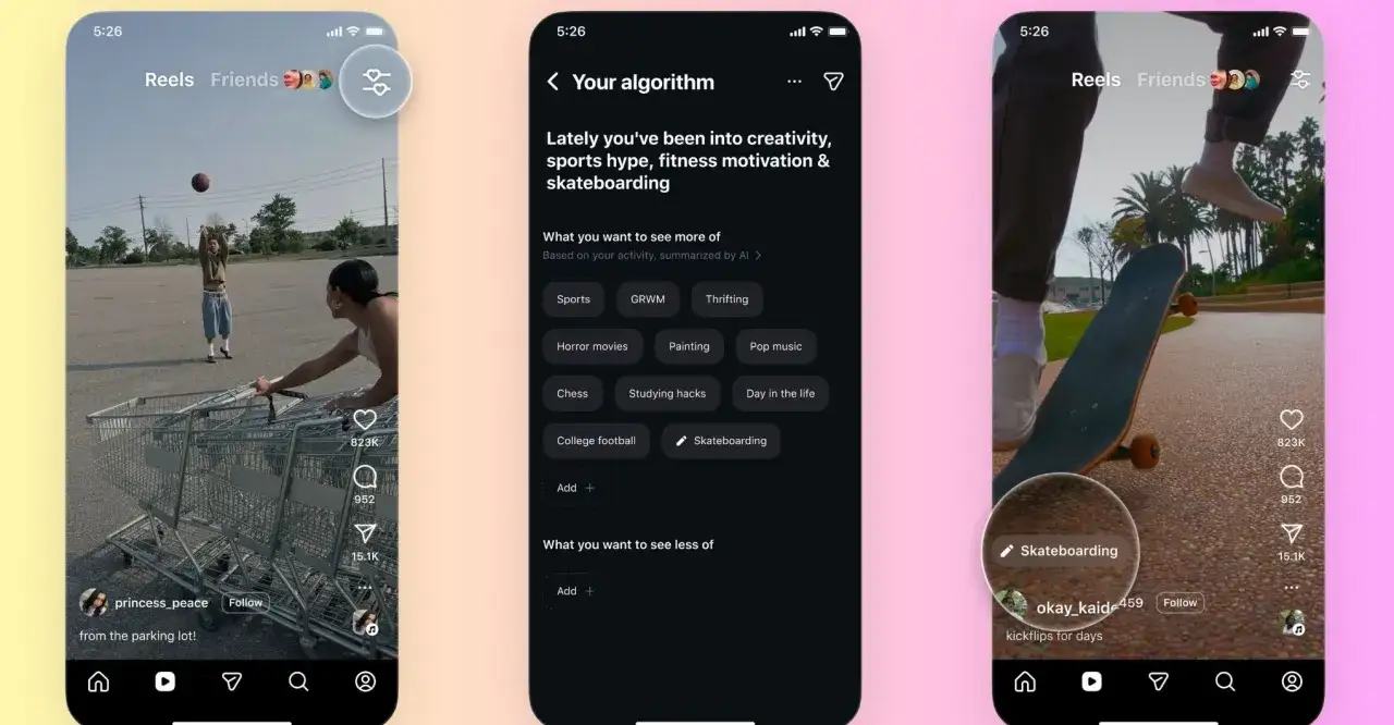 Trzy ekrany telefonu pokazują interfejs Instagrama. Środkowy ekran to ustawienia algorytmu, gdzie widać opcje 