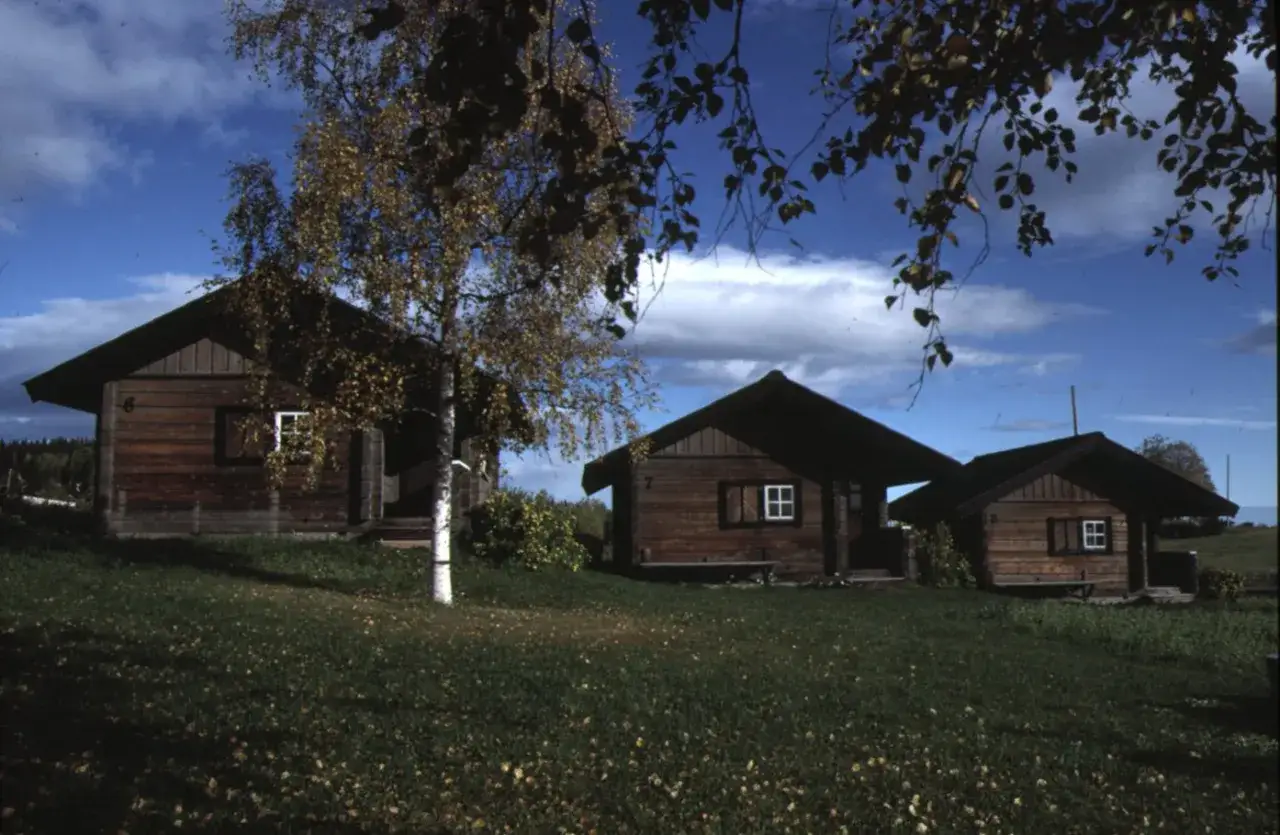 Tre små timmerstugor, kanske del av Wikners i Persåsen, står på en grönskande sluttning under en blå himmel med moln.